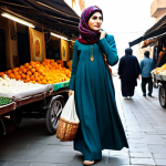 A stylish woman in a bustling traditional Iranian bazaar, wearing an elegant, modest, long-sleeved manteau in a deep jewel tone, paired with wide, flowing trousers. Her head is gracefully covered with a beautifully patterned rusari (headscarf) that complements her outfit. She walks naturally, holding a market basket. The scene is vibrant with natural daylight, showcasing intricate Persian architecture in the background. Full body shot, professional photography, perfect anatomy, correct proportions, natural pose, well-formed hands, proper finger count, safe for work, appropriate content, fully clothed, modest, family-friendly, high quality.