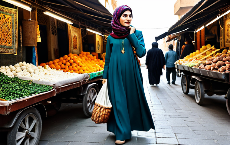 A stylish woman in a bustling traditional Iranian bazaar, wearing an elegant, modest, long-sleeved manteau in a deep jewel tone, paired with wide, flowing trousers. Her head is gracefully covered with a beautifully patterned rusari (headscarf) that complements her outfit. She walks naturally, holding a market basket. The scene is vibrant with natural daylight, showcasing intricate Persian architecture in the background. Full body shot, professional photography, perfect anatomy, correct proportions, natural pose, well-formed hands, proper finger count, safe for work, appropriate content, fully clothed, modest, family-friendly, high quality.