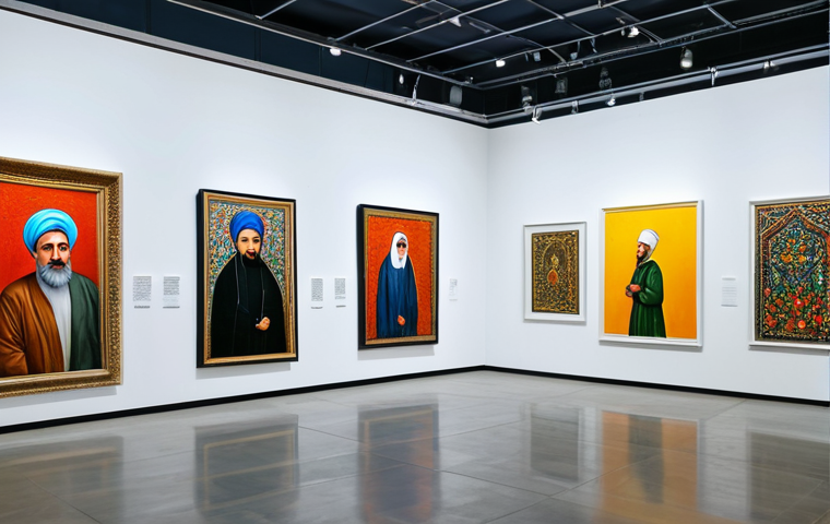 **

"A brightly lit art gallery showcasing contemporary Iranian art, featuring paintings and sculptures that reflect social themes, appropriate attire, safe for work, family-friendly, perfect anatomy, natural proportions, high-quality photography, diverse visitors admiring the artwork, modest clothing."

**