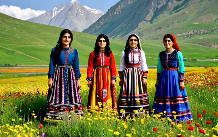 이란 쿠르드족의 전통 - **Kurdish Fashion:** A group of Kurdish women in vibrantly colored, traditional Kurdish clothing wit...