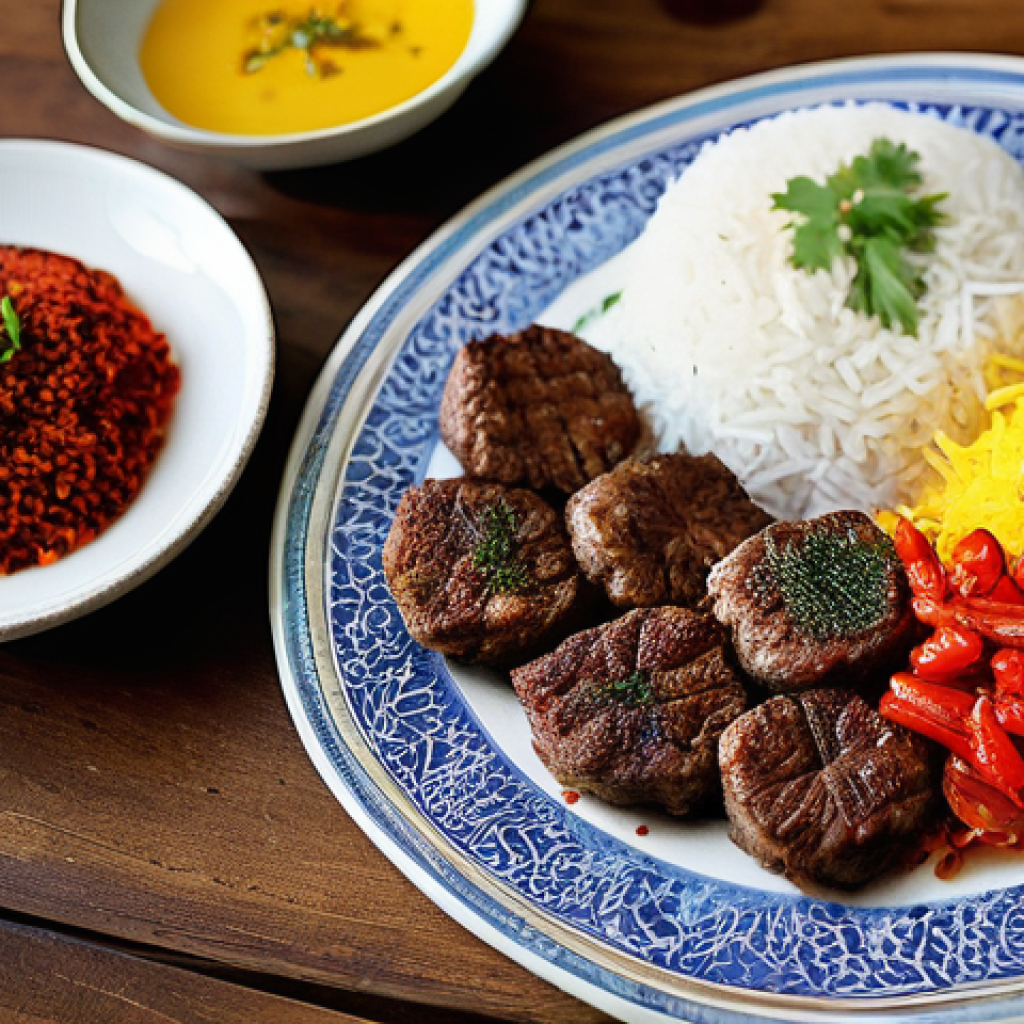 이란의 전통 음식 체험 - **Prompt:** A close-up, high-definition photograph of a perfectly arranged "Chelow Kebab Koobideh" a...