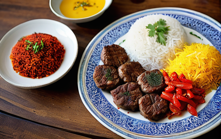 이란의 전통 음식 체험 - **Prompt:** A close-up, high-definition photograph of a perfectly arranged "Chelow Kebab Koobideh" a...