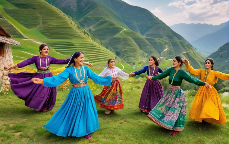 이란 전통 춤의 종류 - **Prompt 1: Joyful Kurdish Halperke Dance in the Mountains**
    "A vibrant group of Kurdish men and...