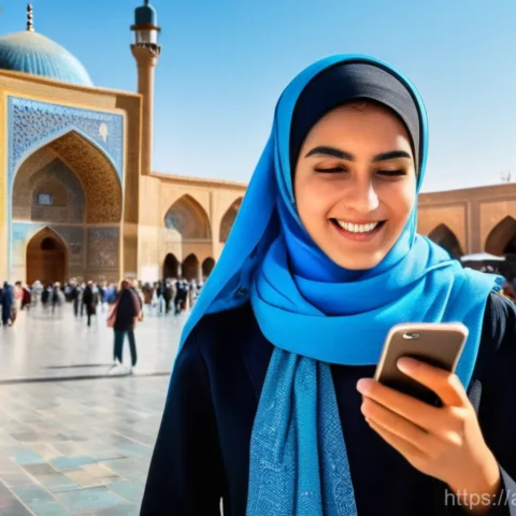 이란 여행 중 유용한 앱 - **Vibrant City Navigation in Isfahan:** A confident young female traveler, dressed in stylish yet mo...