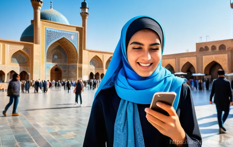 이란 여행 중 유용한 앱 - **Vibrant City Navigation in Isfahan:** A confident young female traveler, dressed in stylish yet mo...