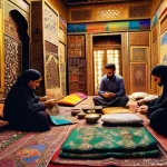 이란 여행 팁 - **A Vibrant Iranian Bazaar Scene**
    A bustling, covered traditional Iranian bazaar with high arch...