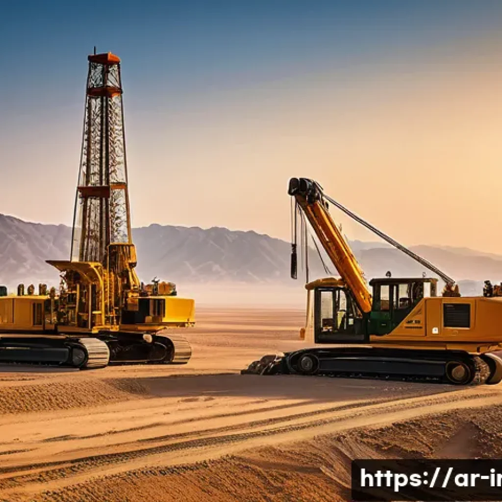 이란의 석유 산업 - A high-tech Iranian oil drilling site at sunset, showcasing advanced horizontal and directional dril...