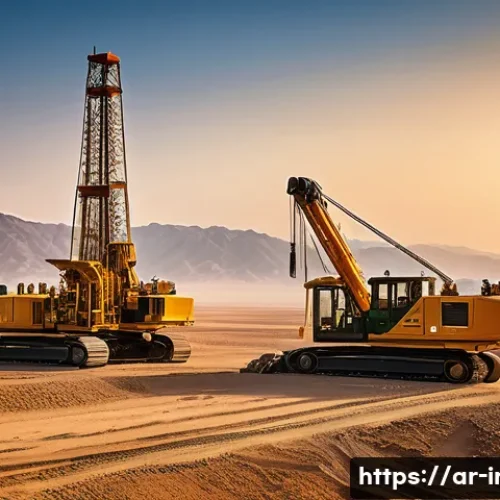 이란의 석유 산업 - A high-tech Iranian oil drilling site at sunset, showcasing advanced horizontal and directional dril...