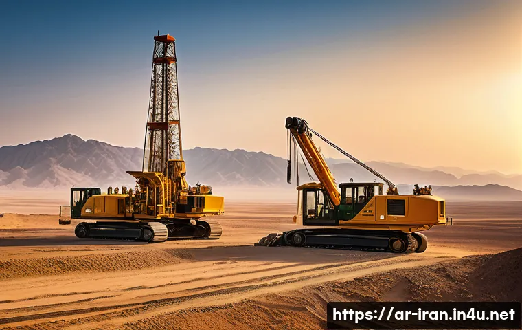 이란의 석유 산업 - A high-tech Iranian oil drilling site at sunset, showcasing advanced horizontal and directional dril...