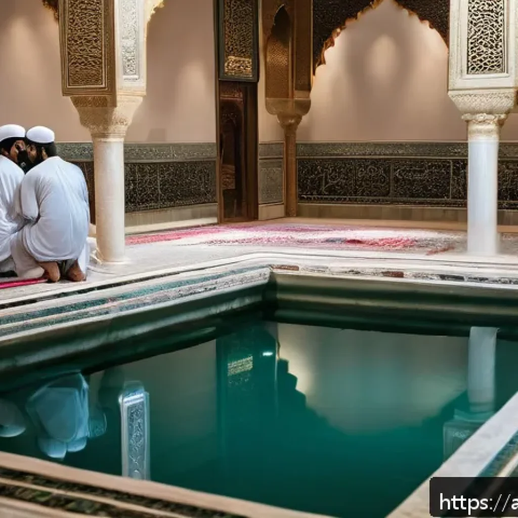 이란의 장례 절차 - A solemn and respectful scene depicting the Islamic ritual of ghusl and kafan preparation for a dece...