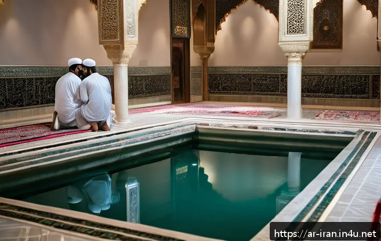 이란의 장례 절차 - A solemn and respectful scene depicting the Islamic ritual of ghusl and kafan preparation for a dece...